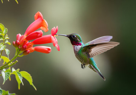 A colorful male hummingbird with iridescent green plumage hovers near a cluster of bright red trumpet flowers, actively feeding on the sweet nectar.の素材