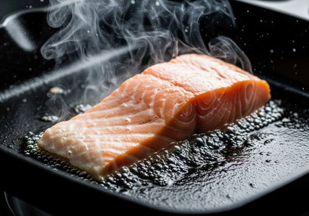 Fresh pink salmon fillet cooking in a hot black pan, creating dramatic steam and sizzling oil bubbles. perfect for food blogs or recipe visuals.の素材