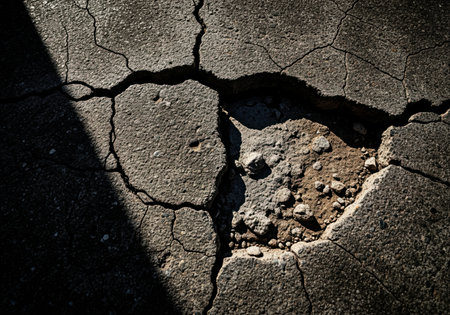 Severe deterioration of concrete pavement featuring deep, spiderweb cracks and a central hole exposing underlying soil and gravel. high contrast lighting emphasizes the rough texture, symbolizing damage, decay, and infrastructure failure.の素材