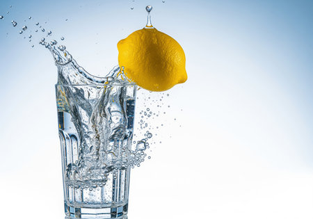 Whole yellow lemon captured mid air dropping into a ribbed glass filled with clear water, creating a dramatic high speed splash and many droplets. represents freshness and hydration.の素材
