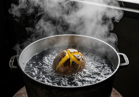 Cracked potato boiling vigorously in a dark metal pot. intense steam rises from the bubbling water, highlighting the cooking process against a dramatic, low key background.の素材