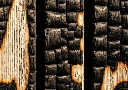 Charred timber planks showing a detailed, rough texture of black, fragmented wood caused by fire damage. the close up reveals the contrast between the deep black charcoal and the scorched light wood grain.の素材