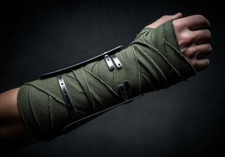 Rugged forearm wrapped tightly in coarse, dark green fabric bandages secured with metal strips, isolated against a dark background. focus on survival, injury, protection, and post apocalyptic themes.の素材