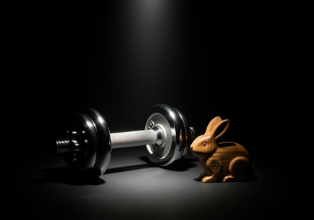 Heavy metal dumbbell and carved wooden rabbit figurine illuminated by a dramatic spotlight on a reflective black surface. juxtaposition of strength and fragility.の素材