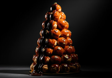 Towering croquembouche, a classic french dessert pyramid made of choux pastry profiteroles, glazed with caramel and heavily drizzled with rich dark chocolate sauce, presented dramatically on a dark background.の素材