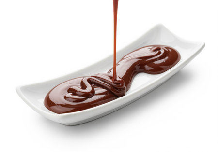 Rich dark chocolate sauce flowing and pooling onto a small, white, rectangular ceramic dish. the thick, glossy syrup creates appealing swirls, isolated on a clean white background.の素材