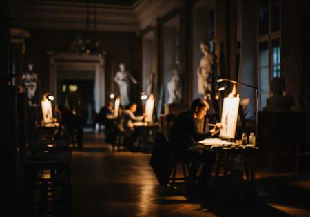 Academic drawing class taking place in a large, dimly lit, historic art studio. students work intensely on easels, illuminated by focused desk lamps, surrounded by classical plaster casts.の素材