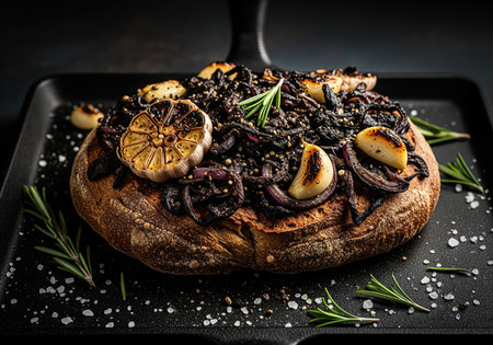 Rustic sourdough loaf heavily topped with intensely charred red onions, roasted garlic cloves, and dark seasoning, garnished with fresh rosemary and coarse salt flakes on a black cast iron skillet. moody, high contrast food photography.の素材