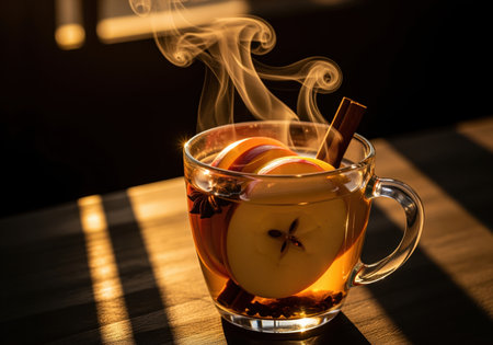 Hot spiced apple cider tea served in a clear glass mug, garnished with apple slices, cinnamon, and star anise. steam rises from the warm beverage, illuminated by dramatic golden hour sunlight.の素材