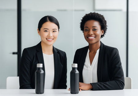 Diverse businesswomen in professional attire sitting at a table in a modern office, smiling confidently at the camera. they each have a reusable water bottle.の素材