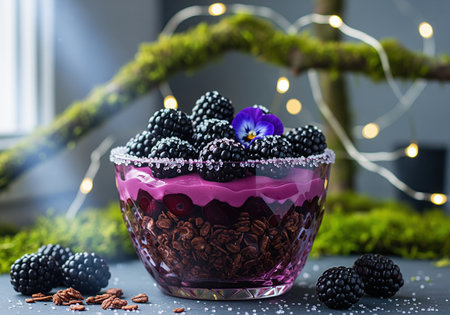 Layered dessert featuring fresh blackberries, creamy yogurt, and dark chocolate granola served in a crystal bowl. whimsical still life food photography with sugar rim and soft lighting.の素材