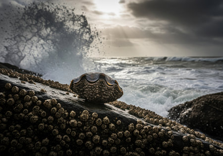 Barnacle encrusted clam shell resting on a dark, rugged coastal rock. a dramatic ocean wave crashes violently in the background under a stormy sky.の素材