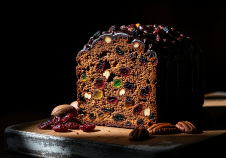 Rich dark fruitcake slice displayed on a wooden board, featuring candied fruit, pecans, and walnuts, drizzled with a thick chocolate glaze. dramatic low key lighting.の素材