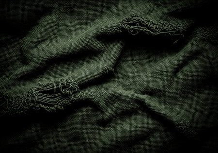 Dark green, coarse, distressed fabric texture featuring deep wrinkles and prominent frayed tears. dramatic lighting emphasizes the rugged, grunge surface. ideal for abstract backgrounds.の素材