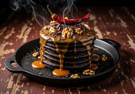 Stack of hot, dark cocoa pancakes served in a black skillet, heavily drizzled with thick caramel sauce. topped with crunchy walnuts, chocolate shavings, and a dramatic steaming red chili pepper, emphasizing rich flavor, decadence, and spice.の素材