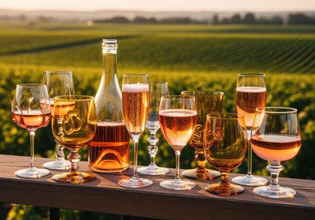 A dynamic arrangement of clear and amber glass goblets and flutes, filled with sparkling rosÃ© wine, resting on a wooden railing against the backdrop of a sunny, lush green vineyard.の素材