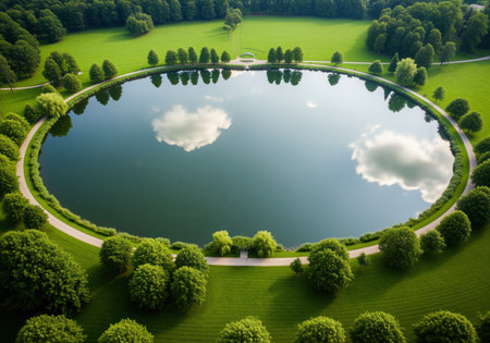 Oval lake captured from an aerial perspective, perfectly reflecting white clouds and blue sky. surrounded by manicured green grass, lush trees, and a winding paved path in a beautiful, symmetrical park setting.の素材