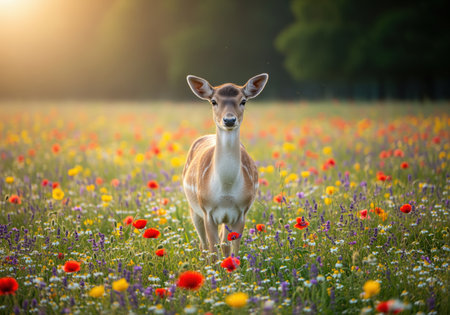 Fallow deer standing centered in a lush, vibrant meadow filled with red poppies, yellow, and purple wildflowers. captured during golden hour with warm sunlight and soft bokeh.の素材