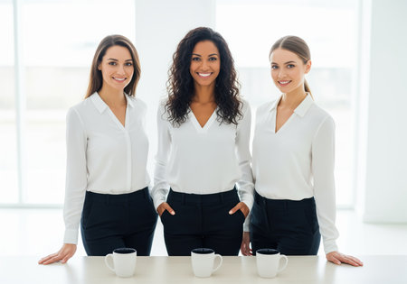 Three confident, diverse businesswomen wearing white shirts and dark pants stand smiling in a bright, high key office, symbolizing teamwork and professionalism.の素材
