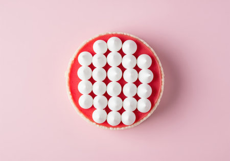 Circular red dessert tart, likely strawberry mousse, meticulously decorated with uniform rows of white meringue kisses. minimalist, geometric top view on a light pink surface.の素材