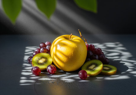 Golden apple, red grapes, and sliced kiwi fruit arranged on a dark surface. dramatic lighting casts leaf shadows, emphasizing freshness, healthy eating, and natural food concepts.の素材