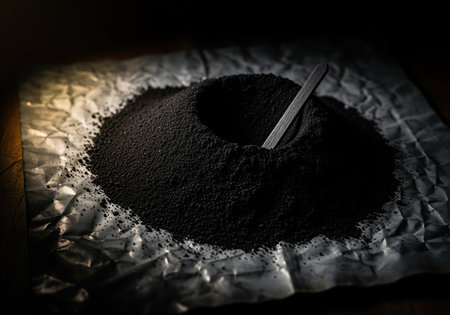 Activated charcoal powder piled high on crumpled aluminum foil, featuring a small wooden stick. dramatic low key lighting emphasizes the dark, dense texture.の素材