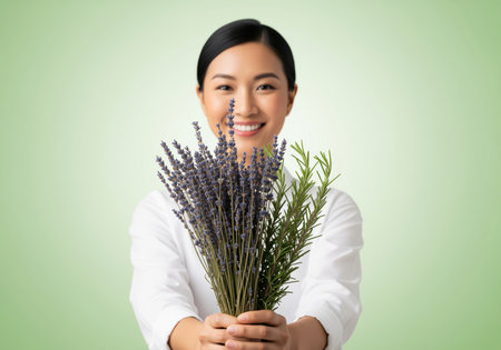 Smiling asian woman in a white shirt holding a generous bouquet of dried lavender flowers and fresh rosemary sprigs, symbolizing natural wellness, herbal medicine, and organic beauty products.の素材