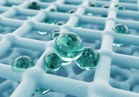 Highly magnified view of clear hydration molecules on a structured blue textile surface, illustrating advanced skincare technology, moisture, and protection.の素材
