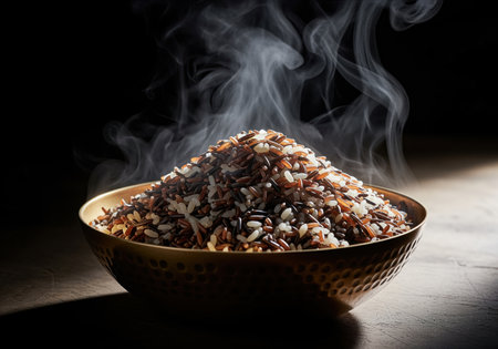 Hot, steaming blend of wild rice, brown rice, and white rice grains piled high in a textured golden bowl. dramatic low key lighting emphasizes the steam and texture.の素材
