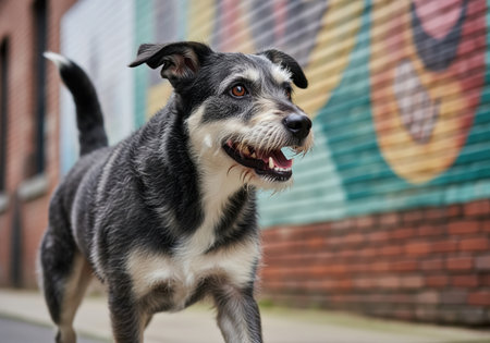 Scruffy salt and pepper mixed breed dog running happily on an urban sidewalk. the background features a red brick wall with blurred, colorful graffiti art.の素材