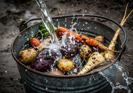 Freshly harvested potatoes, carrots, parsnips, and beets are intensely washed by a stream of clean water inside a rustic galvanized metal bucket outdoors.の素材