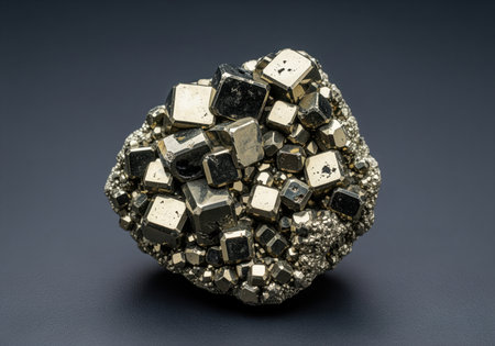 Pyrite mineral specimen composed of numerous sharp, reflective, metallic cubic crystals clustered together. focus on geology, wealth, and natural texture.の素材