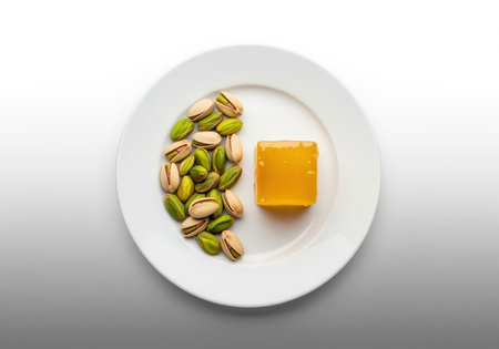 Shelled pistachios and a glossy, square yellow jelly cube presented on a clean white plate. studio shot emphasizing fresh food and dessert ingredients.の素材