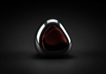 Smooth, abstract chrome metal pebble displaying bright highlights and deep reflections, including a reddish hue, set against a minimalist dark studio backdrop.の素材