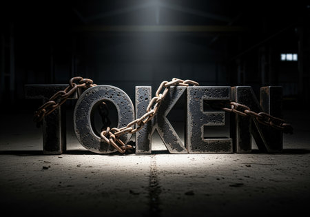 Heavy, textured word TOKEN, forged from dark, pitted metal, dramatically lit and tightly bound by rusty chains on a concrete floor in a dark setting. symbolizes digital asset security, blockchain, and restricted value.の素材