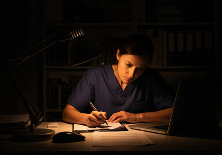 Dedicated female healthcare worker in blue scrubs writing medical notes at a desk late at night. illuminated by a warm desk lamp, highlighting long hours and professional dedication.の素材