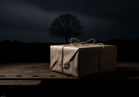 Rustic gift box wrapped in brown kraft paper and tied with jute twine, resting on a dark wooden workbench. moody, low key lighting with a bare tree silhouette in the dark background.の素材