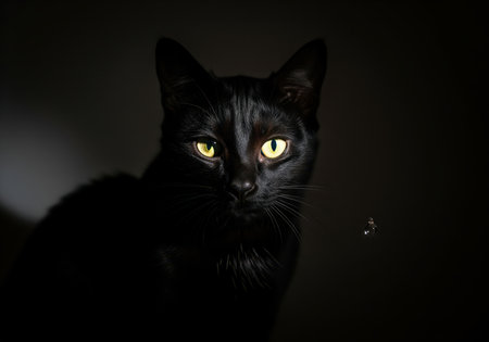Sleek black cat with intense, glowing yellow eyes stares directly forward, captured in a dramatic, high contrast low key studio portrait against a dark background.の素材
