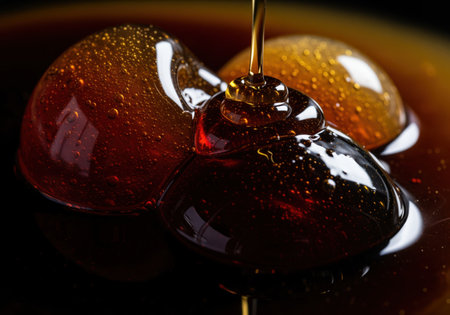 Thick, viscous dark brown syrup pouring onto a glossy surface, creating rich texture and reflections. close up macro view highlighting the sticky, sweet liquid. ideal for food, dessert, and confectionery concepts.の素材