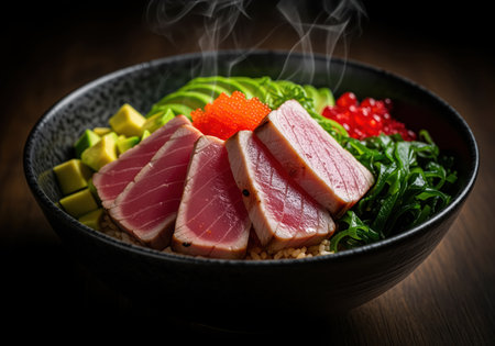 Perfectly seared tuna slices served over rice in a traditional poke bowl, garnished with fresh avocado, vibrant seaweed, and bright orange and red roe, highlighted by dramatic low key lighting.の素材