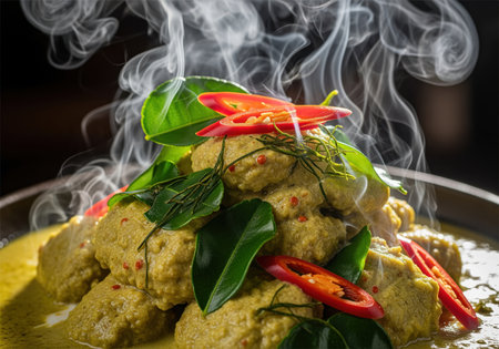 Fiery hot thai green curry served in a bowl, intensely green and thick with coconut milk, garnished with red chili slices and aromatic kaffir lime leaves. steam rises dramatically from the spicy traditional asian dish.の素材