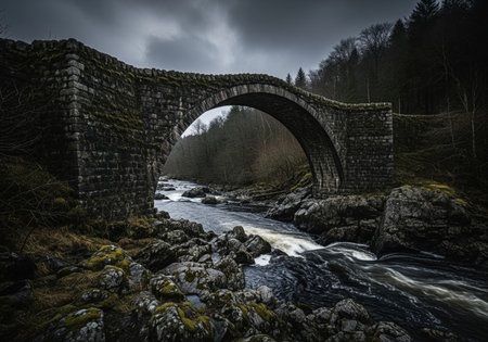 Rugged ancient stone arch bridge spanning a fast flowing, rocky river under a dark, dramatic, and overcast sky, evoking a moody wilderness landscape.の素材