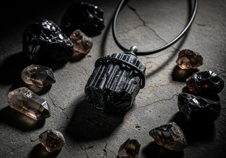 Raw black tourmaline crystal pendant wrapped in wire on a leather cord, dramatically lit and placed among rough smoky quartz stones. focus on mineralogy, protection, and healing concepts. dark, textured concrete background.の素材