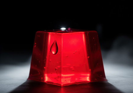 Intense ruby red gelatin cube dramatically illuminated against a dark, smoky background. a single liquid droplet clings to the translucent surface. high contrast, moody food photography concept.の素材