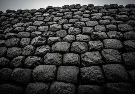Massive, imposing wall constructed from dark, irregular, rough hewn basalt stone blocks, viewed from a dramatic low angle. rugged texture and historical strength concept.の素材