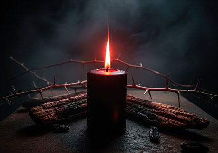 Black pillar candle with a dramatic red flame burning in darkness, surrounded by thorny branches and dark wood. evokes themes of ritual, magic, and gothic mystery.の素材