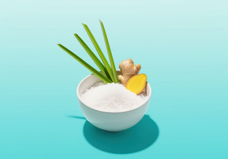 White bowl filled with granular bath salt, garnished with fresh green aloe vera leaves and a piece of ginger root, symbolizing natural wellness and organic beauty.の素材