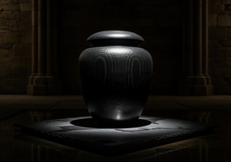Massive black wooden cremation urn with visible grain texture, dramatically spotlit on a stone slab in a dark, solemn, ancient architectural setting, symbolizing loss and remembrance.の素材
