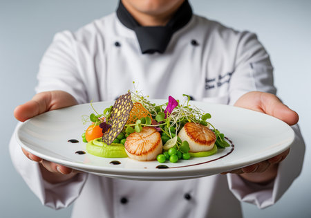 Professional chef in uniform holding a white plate featuring two perfectly seared scallops, green pea puree, fresh microgreens, and decorative elements. focus on fine dining presentation, culinary skill, and high quality food service.の素材