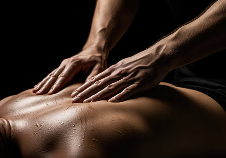 Deep tissue massage being performed on a muscular man oiled back in a dramatic, dark setting. focus on muscle relief, therapy, wellness, and relaxation.の素材